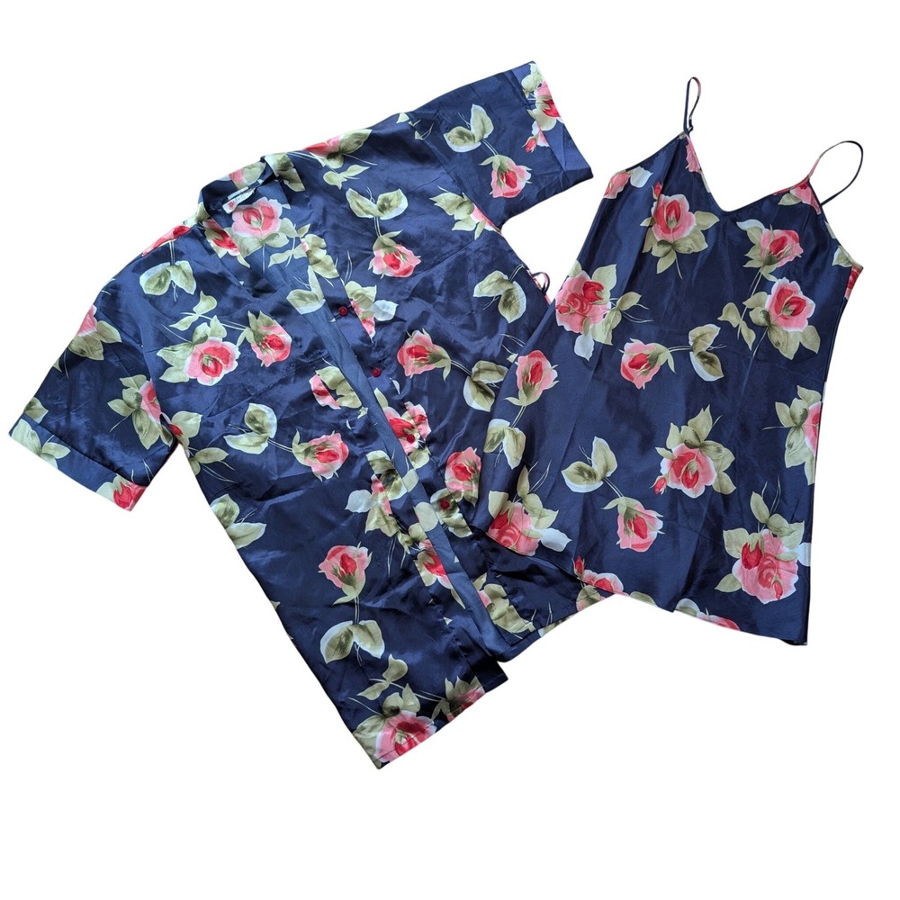 TAP New Fashion Vintage Floral Satin Robe and Nightgown Set Navy Pink Rose XL